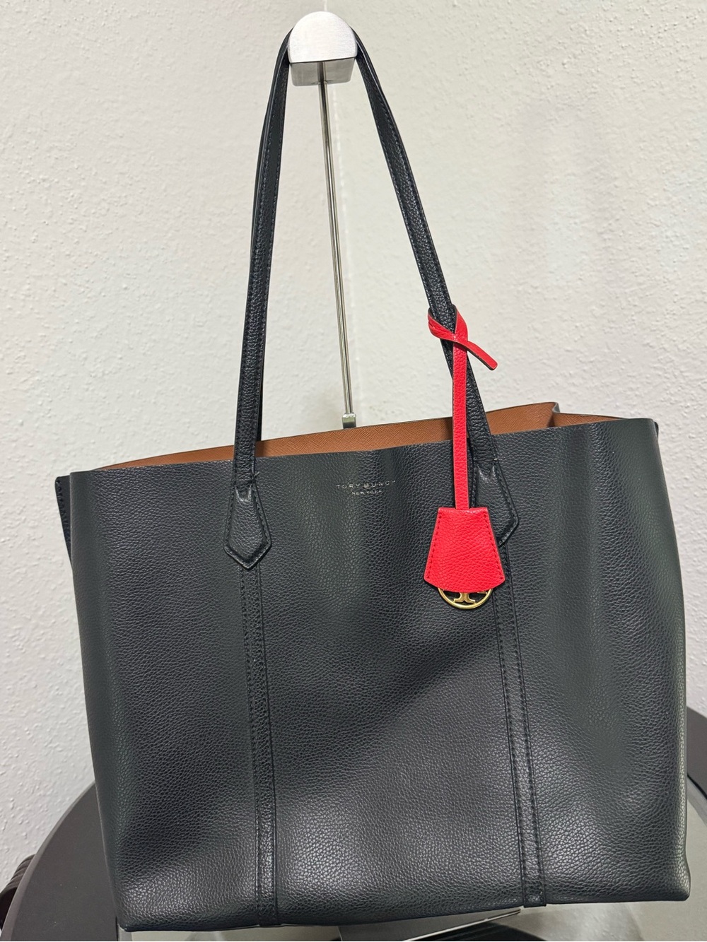 Tory Burch Black Pebbled Leather  Tote with Red Tag